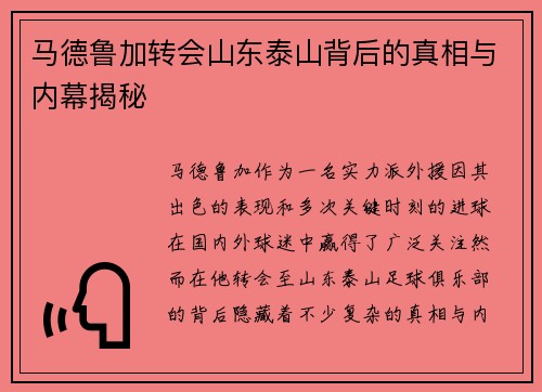 马德鲁加转会山东泰山背后的真相与内幕揭秘