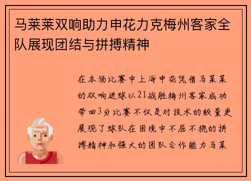 马莱莱双响助力申花力克梅州客家全队展现团结与拼搏精神