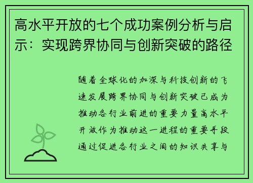 高水平开放的七个成功案例分析与启示：实现跨界协同与创新突破的路径